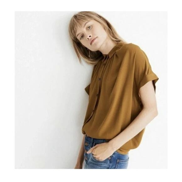 Madewell Central Drapey Short Sleeve Button Down Mustard Shirt Top Small - Picture 1 of 4